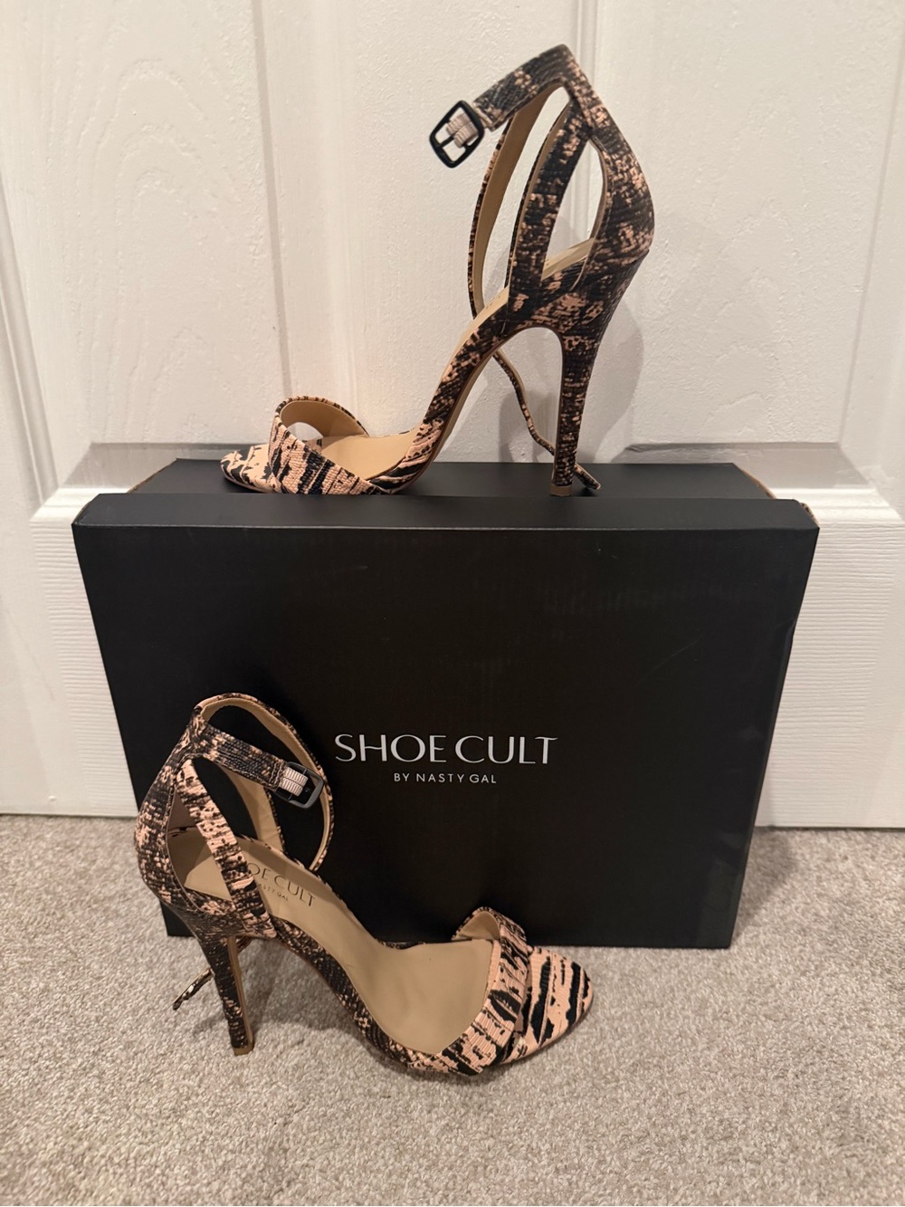 Nasty Gal Pink and Black Snake-Print Ankle Strap Stiletto Heels
